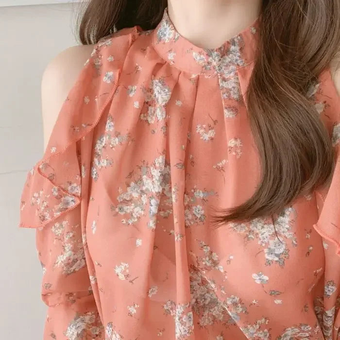 Floral Chiffon Shirts & Blouses For Women Off Shoulder Woman Top