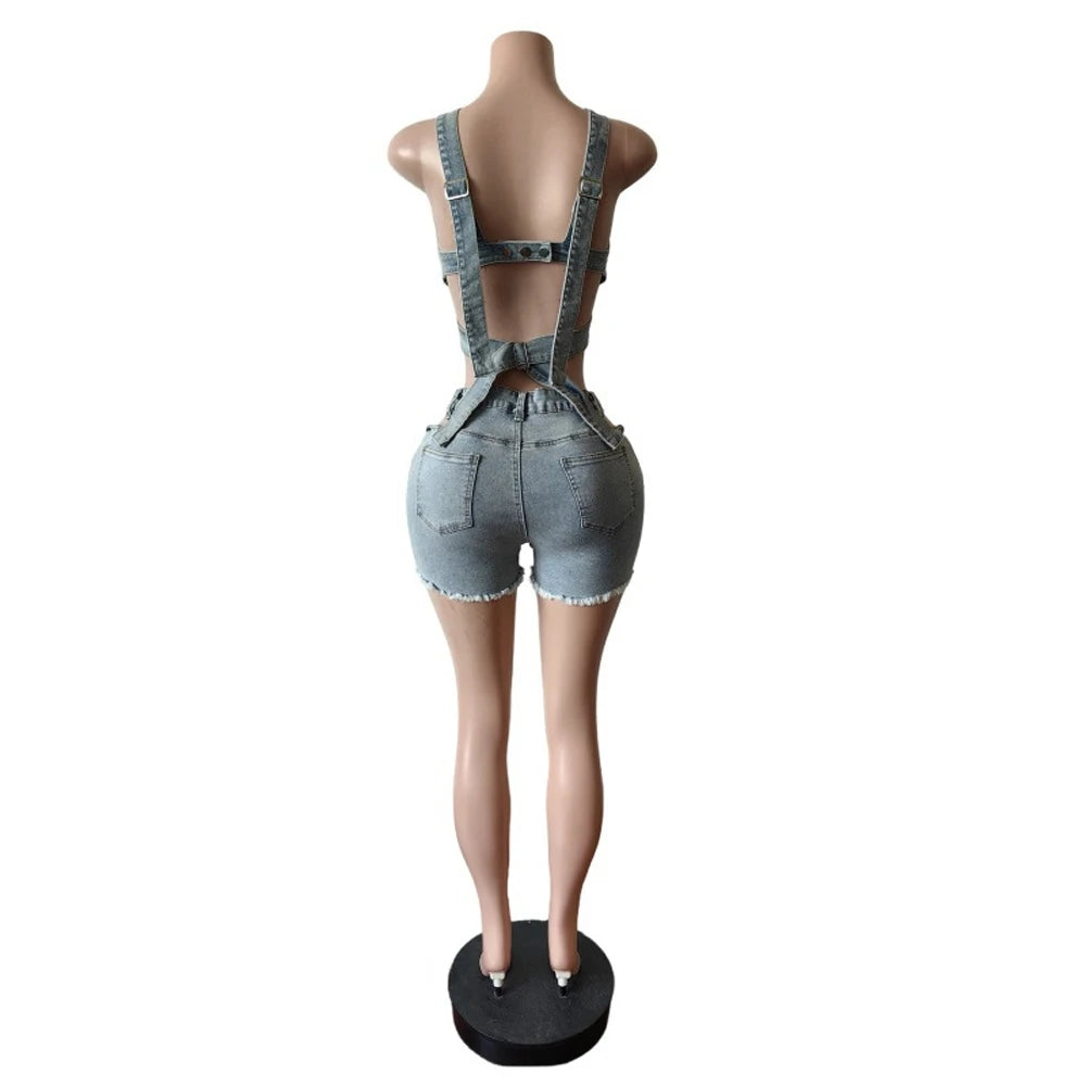 Sexy Jean Women Short Sets Straps Denim Crop Top and Cut Out Shorts Coachella Outfit