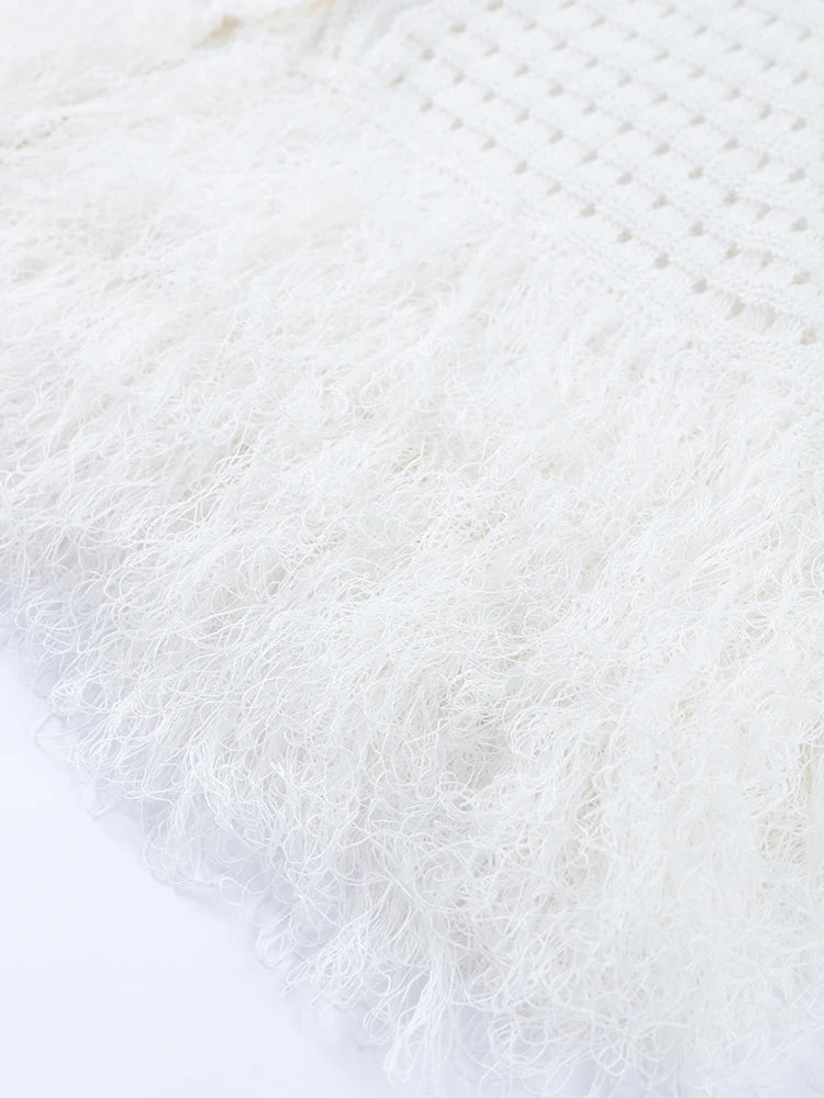 Knit Tassel Skirt Sets Women Hollow Out Lapel Single Breasted Short Sleeve Tops Mini Skirts