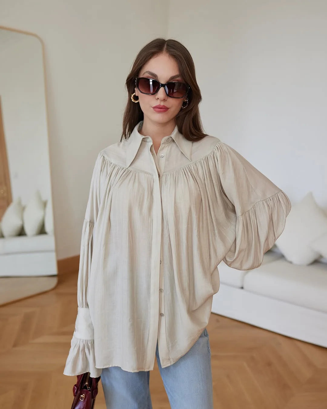 Summer Ruffled Loose Shirts For Women Lapel Long Sleeve Casual See-Through Blouse