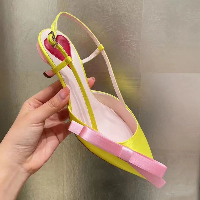 Yellow Pointed Toe Bowknot Satin Cat Heel Sandals Woman Buckle Strap Mini Heel Shoes