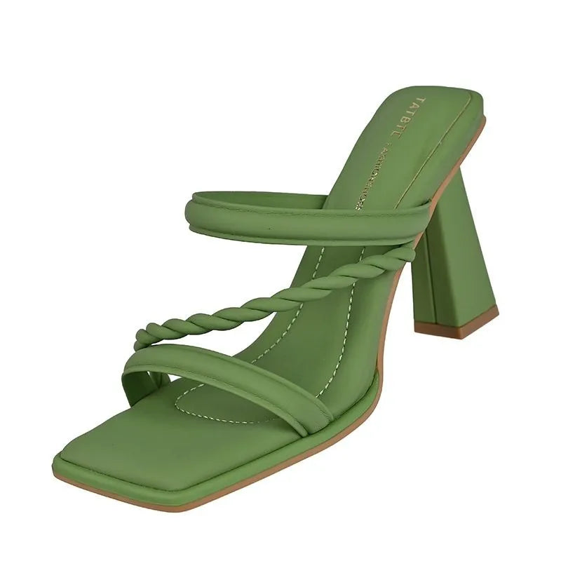 Heel Slippers for Women in Summer, Solid Square Heel High Heels