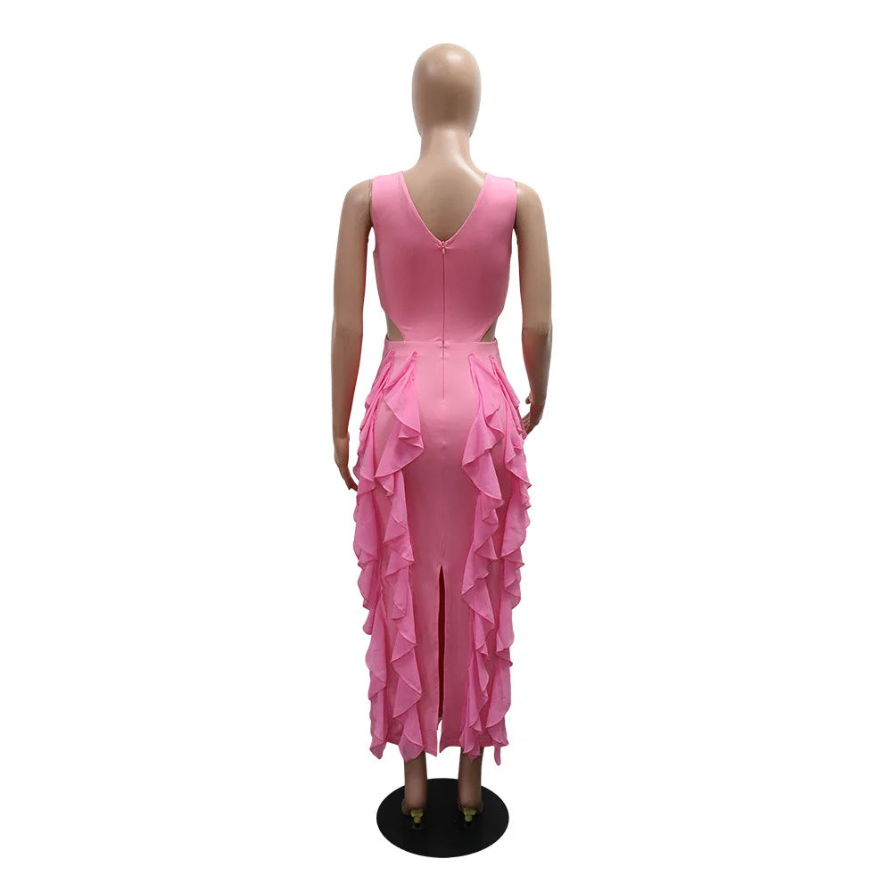 Wedding Guest Dress Women Sleeveless V-neck Ruffle Bodycon Midi Dress Birthday Outfit