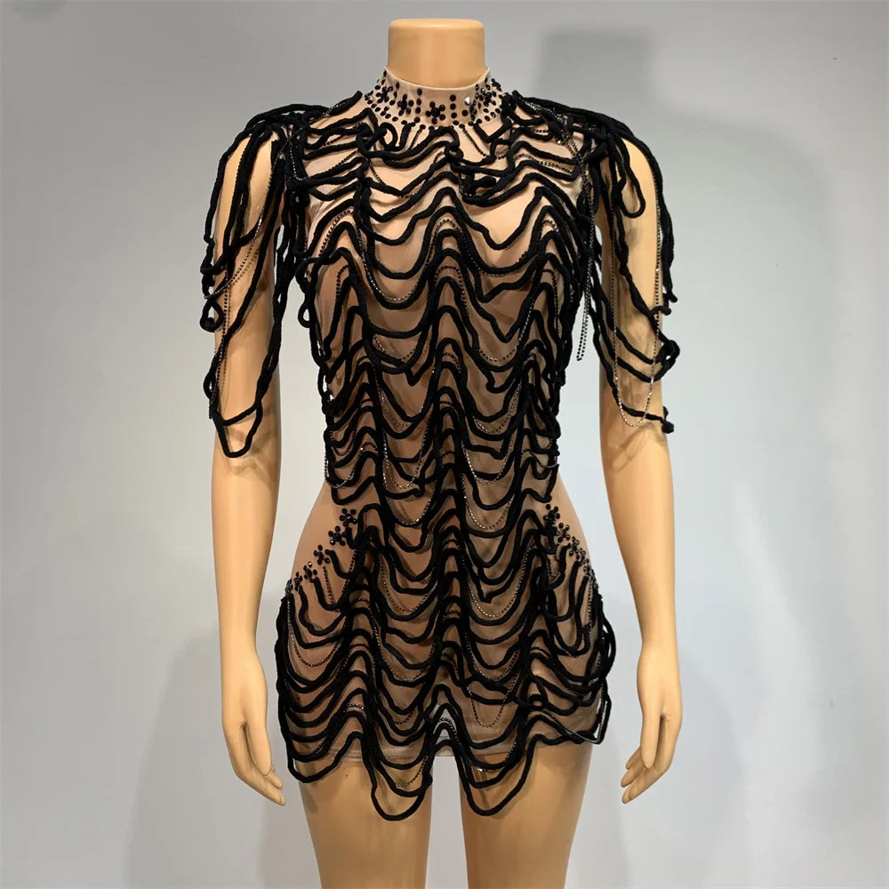 Mesh Rhinestones Chain Mini Dress Nightclub Party Performance Outfit