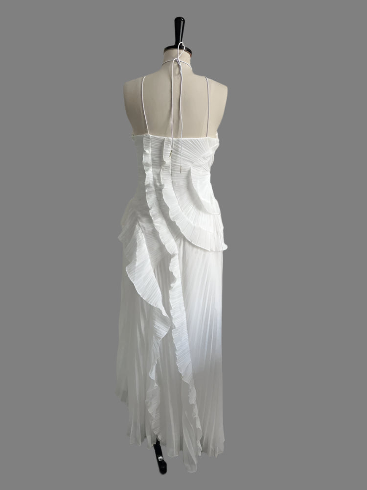 Sexy Halter Neck Pleated Ruffled Long Dress Women Bridesmaids Maxi Dress