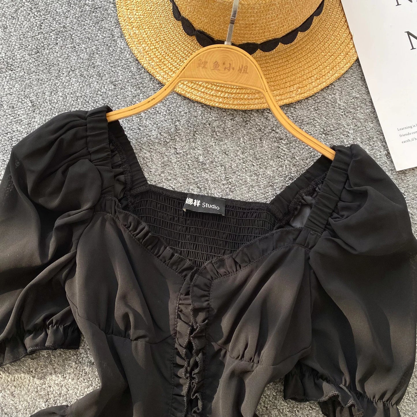 French Style Chiffon Blouse Square Neck Short Sleeves Ruffles Lace Up Beach Top