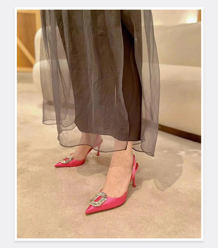 Oval Rhinestone Buckle Toe Sandals Pointed Thin Heel Hollow Banquet High Heels