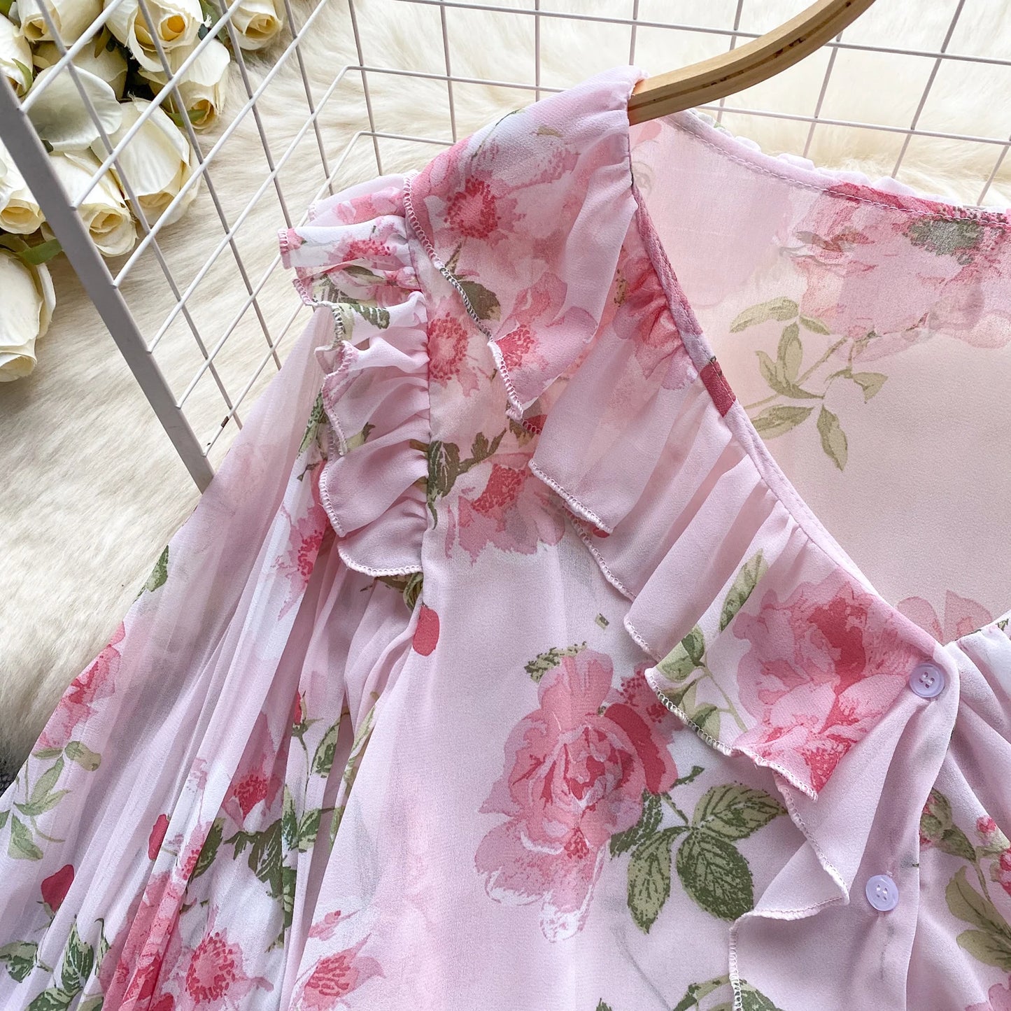 Floral Print Loose Shirt Women Lantern Sleeve V Neck Thin Causal Ruffle Blouse