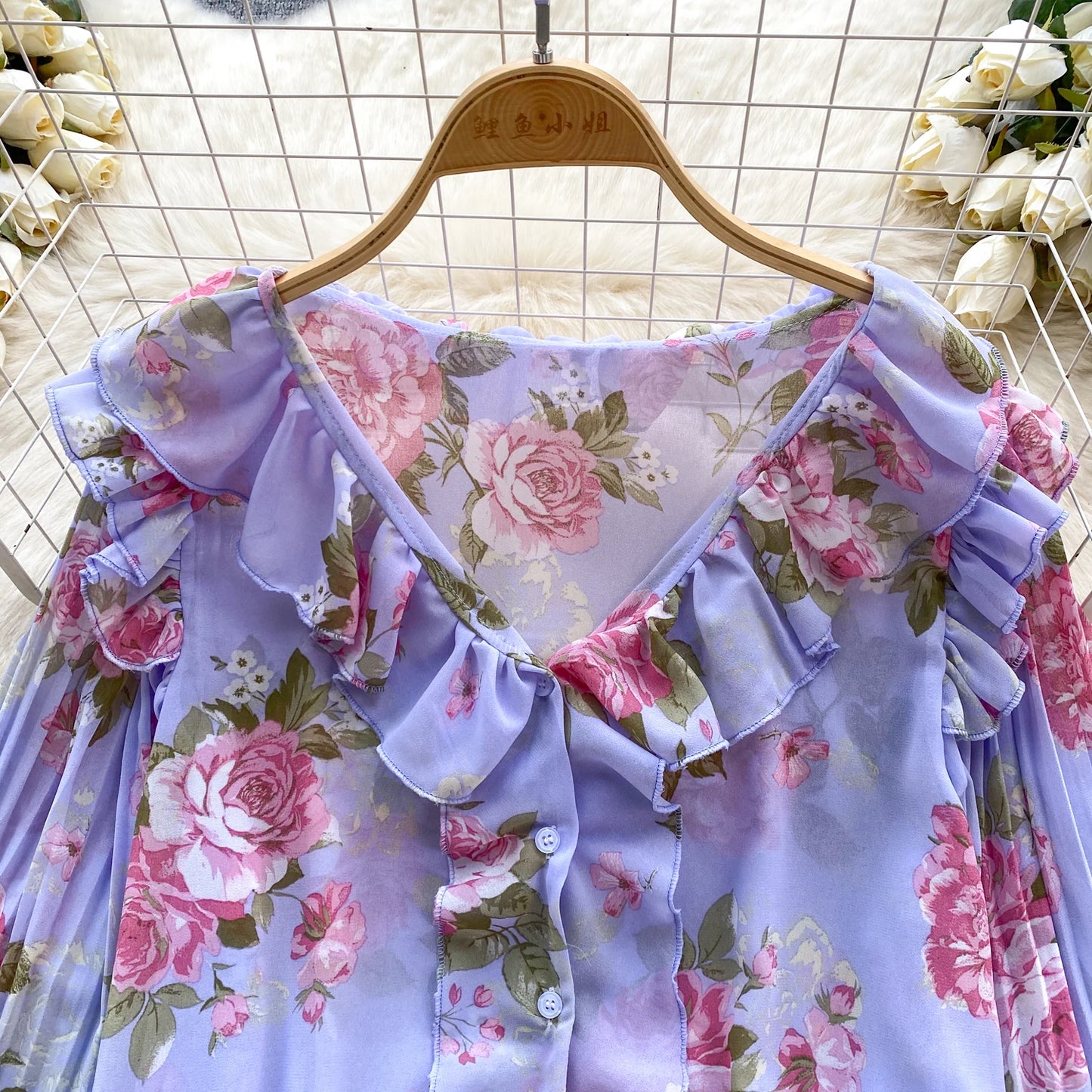Floral Print Loose Shirt Women Lantern Sleeve V Neck Thin Causal Ruffle Blouse