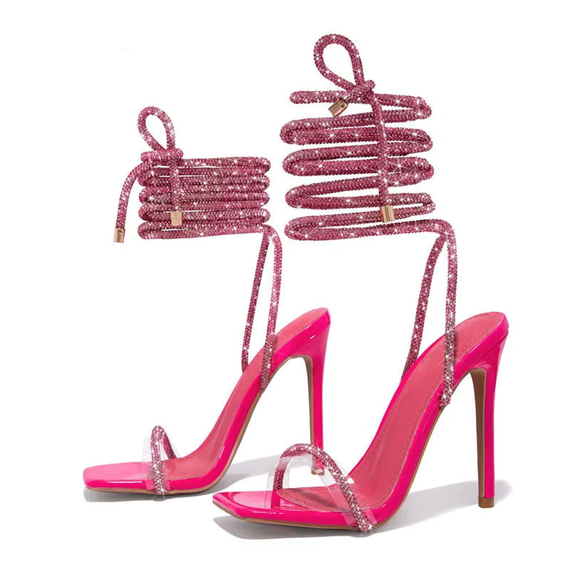 Transparent Crystal Rhinestone Women Sandals Ankle Lace-up Square Toe Wedding Party High Heels Shoes