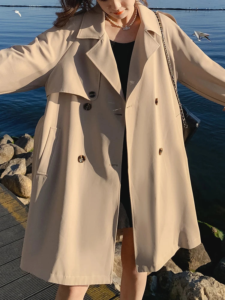 Women Khaki Pleated Elegant Trench New Lapel Long Sleeve Windbreaker Trench Coat