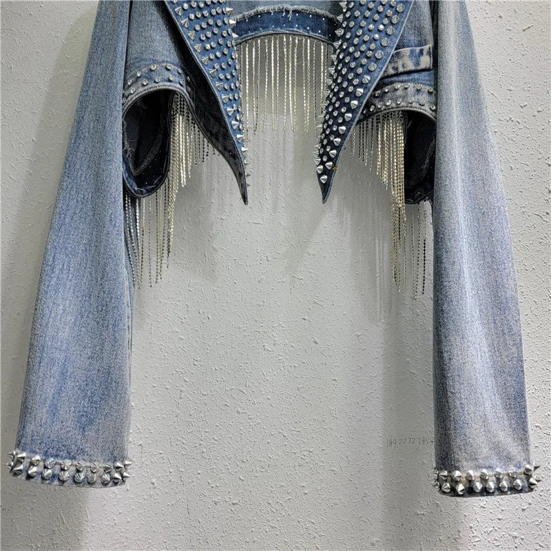Diamonds Beaded Tassels Rivets Denim Jacket Retro High Waisted Crystal Fringed Backless Jeans Cowboy Coat