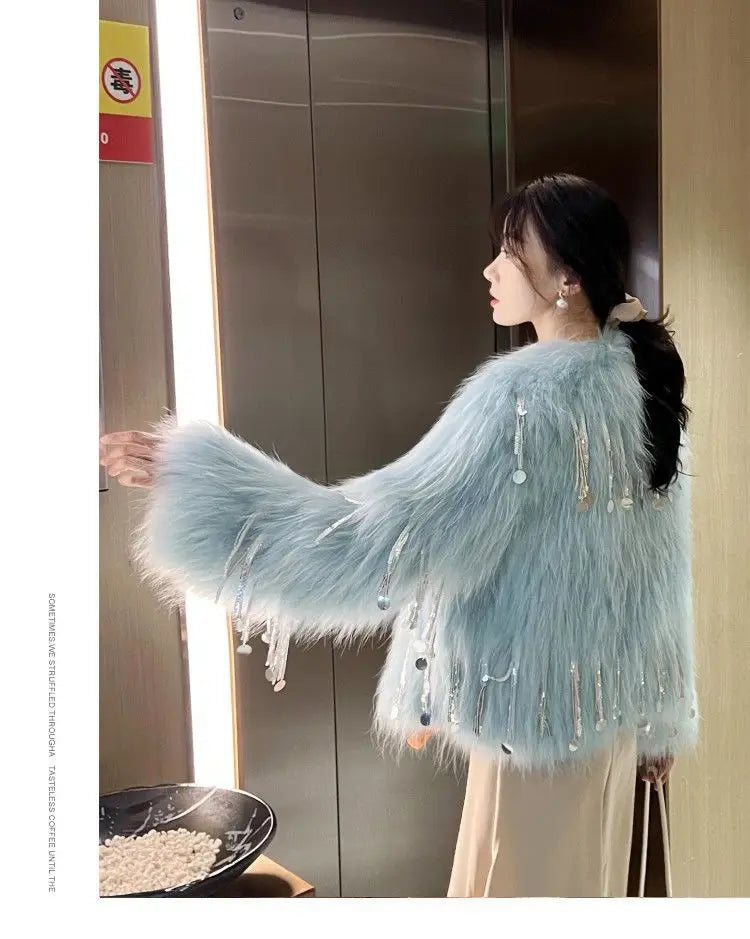 Faux Fur Grass Sequined Tassels Coat Women's Short Beaded Fringed Bomber Jacket