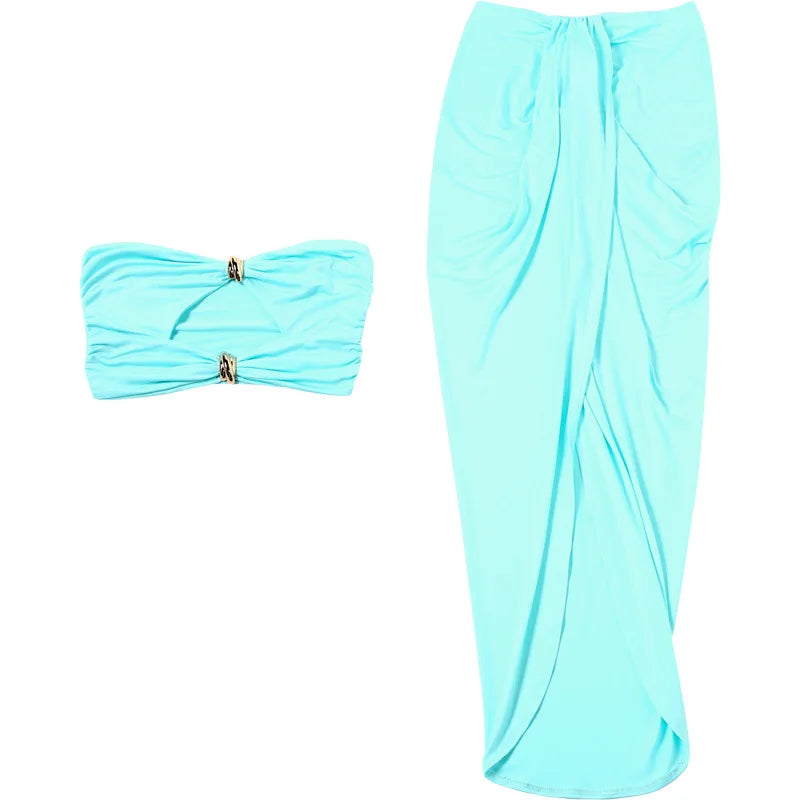 Hollow Metal Buckle 2 Piece Set Resort Wear Women Y2K Split Maxi Skirt Matching Clubwear Outfits