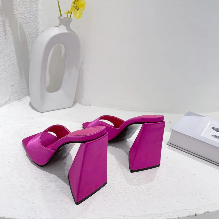 Silk Triangle Square Heels Heel Woman Slippers Sexy Street Party Square Toe Heels