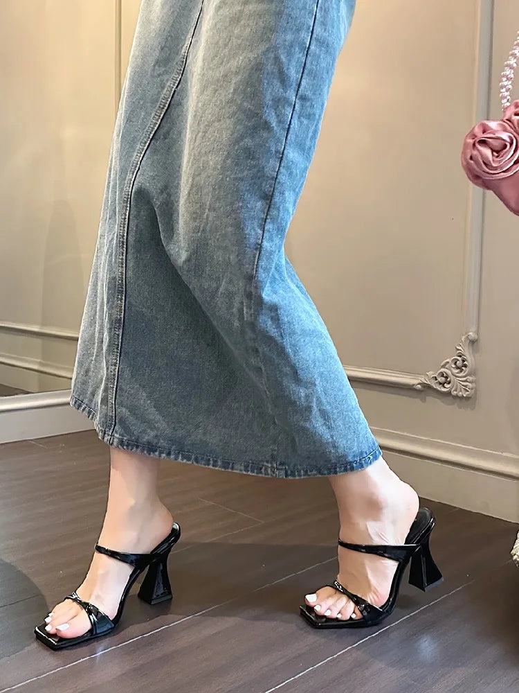 Elegant Square Toe Slippers Women's Design High Heel Mules