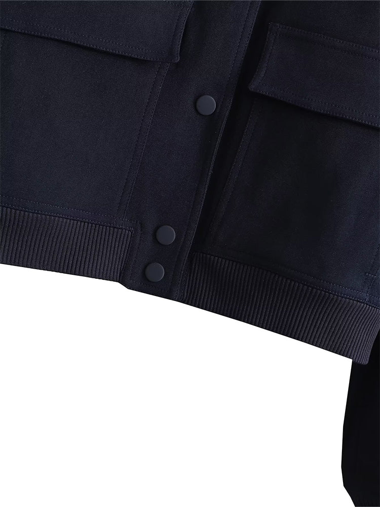 Solid Bomber Jackets Coat With Pockets V-Neck Single Breasted Long Sleeves Jacket