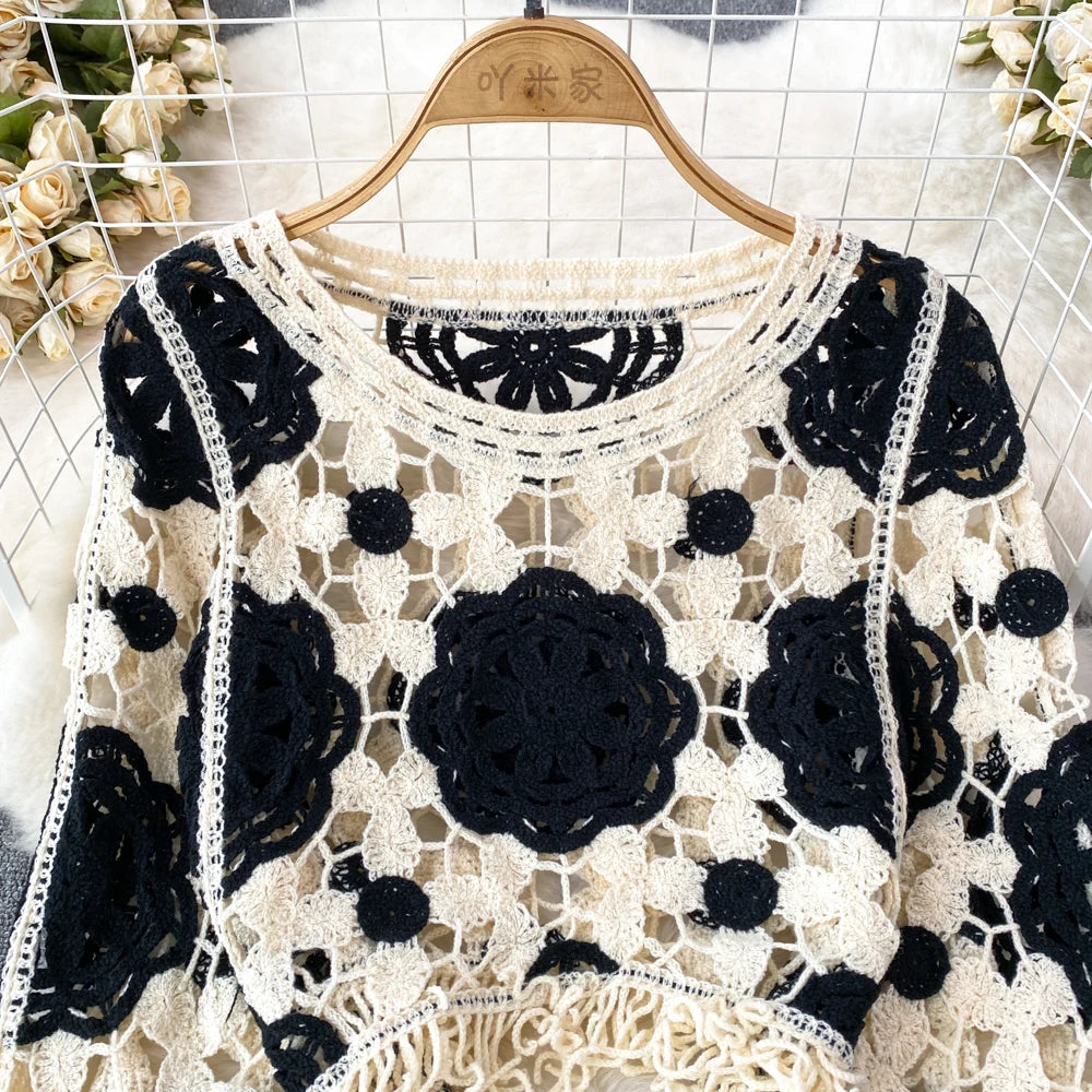 Sunscreen Hook Summer Knit Top Women Elegant O Neck Hollow Out Lantern Sleeve Ladies Vacation Tassel Beach Blouse