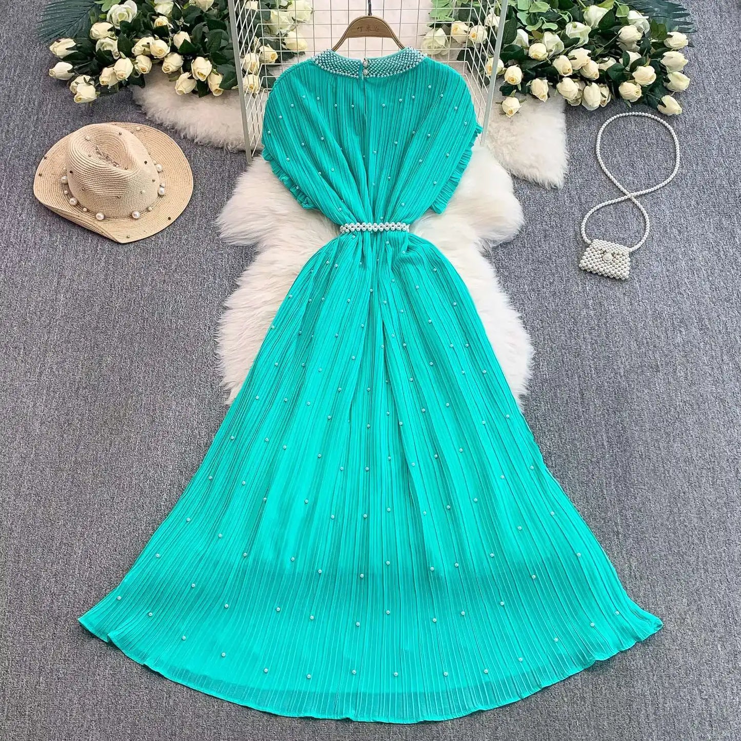 Summer Luxury Pearls Long Chiffon Dress For Women Loose Big Size Short Sleeve Crystal Birthday Evening Midi Pleated Dresses