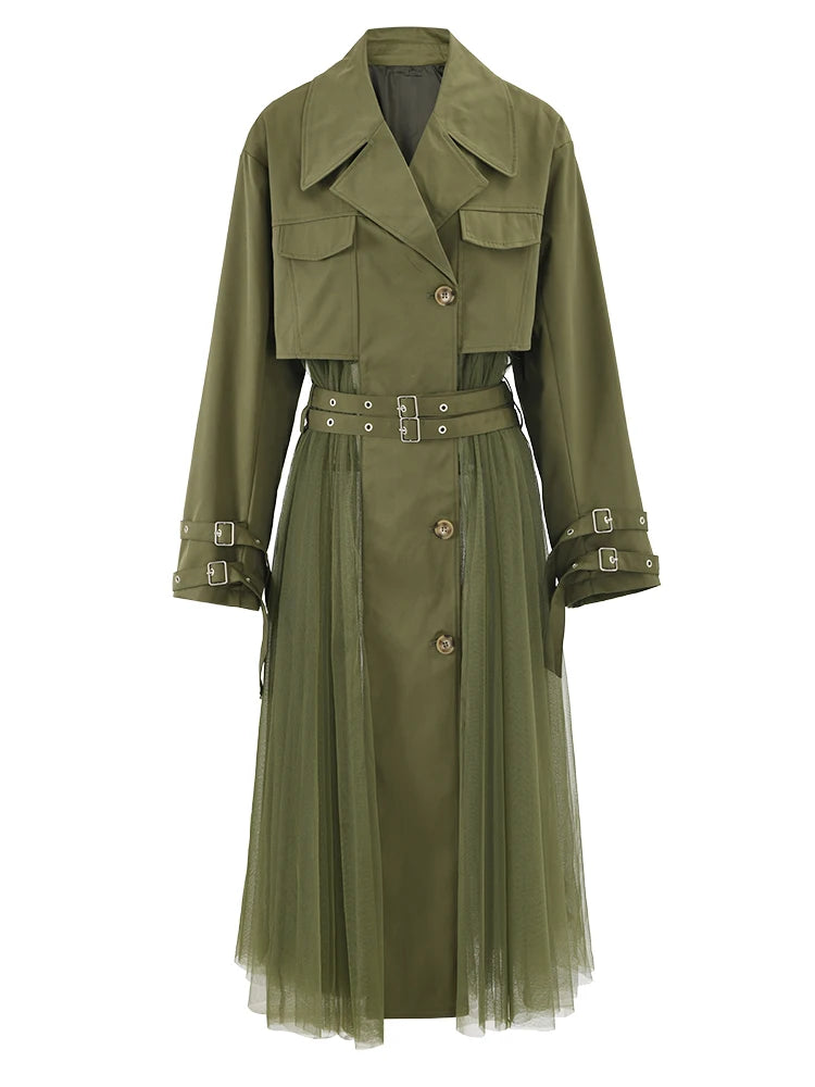 Vintage Gauze Patchwork Windbreaker Women Lapel Double Belt Gathered Trench Coat