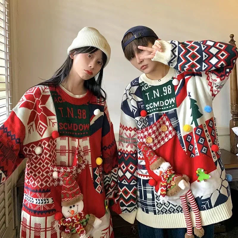 Christmas Style Pullover Sweater Women Y2K Crew Neck Couples Knit Sweater