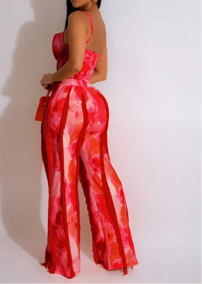 Tie Dye Printing Two Piece Set for Women Pant Sets Birthday Outfits Clubwear Bodysuit Top and Fringe Tassel Pants Matching Sets