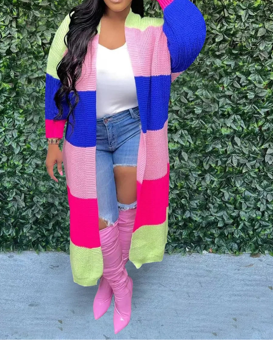 Elegant Women Knit Ribbed Cardigan Patchwork Long Sleeve Open Stitch Thick Sweater
