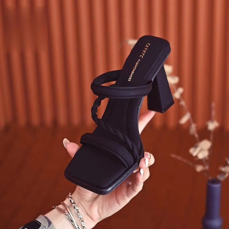 Heel Slippers for Women in Summer, Solid Square Heel High Heels