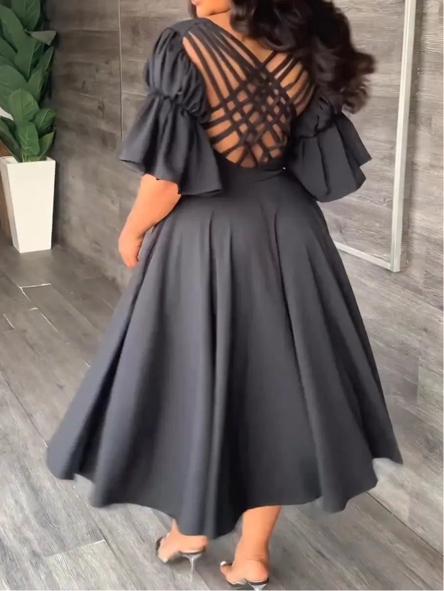 Vintage Women Criss Cross Open Back Lantern Half Sleeve V-neck Big Swing Dress