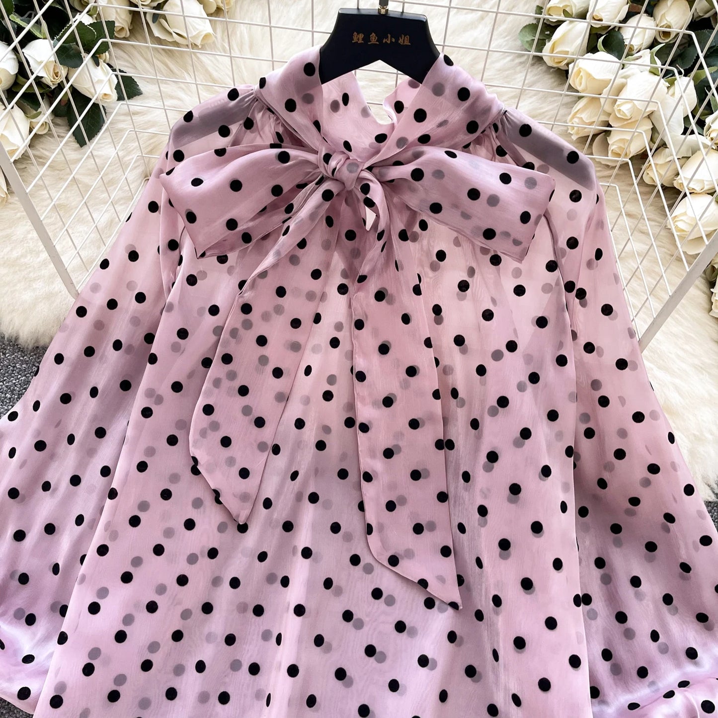 Vintage Polka Dot Tops Puff Sleeve Bow Lace Up Design Blouse