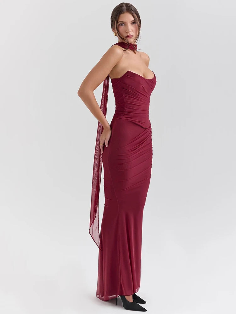 Wine Red Sexy Two Piece Sets Women Neckerchief Strapless Crop Tops And Maxi Skirt Sets