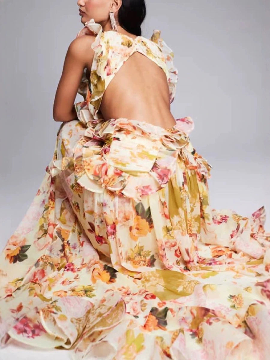 Maxi Dress for Women V Neck Sleeveless High Waist Patchwork Ruffles Edge French Sexy Printed Dress