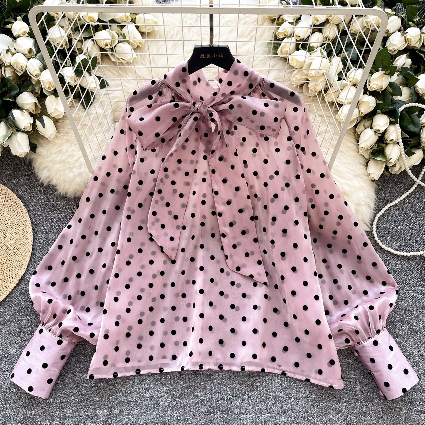 Vintage Polka Dot Tops Puff Sleeve Bow Lace Up Design Blouse