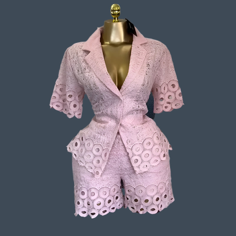 Lace Embroidery Women's Set half Sleeve Shirt and Shorts Two 2 Piece Sets Outfit