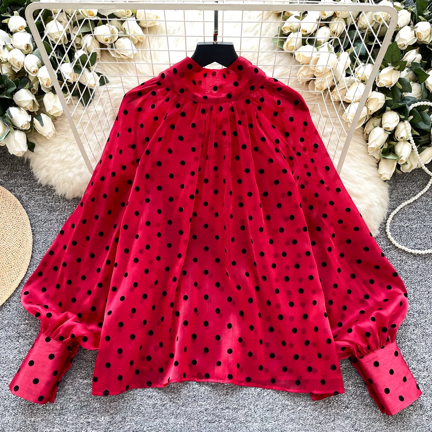 Vintage Polka Dot Tops Puff Sleeve Bow Lace Up Design Blouse