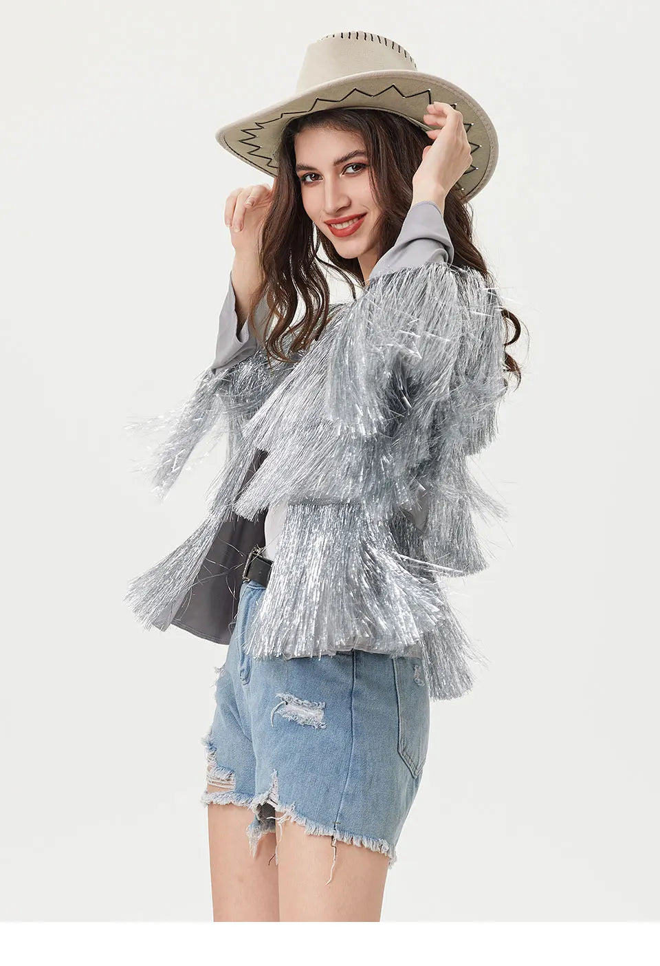 Tinsel Women Coat Temperament Club Coat Long Sleeve Trendy Fashion Sequins Tassel Jacket