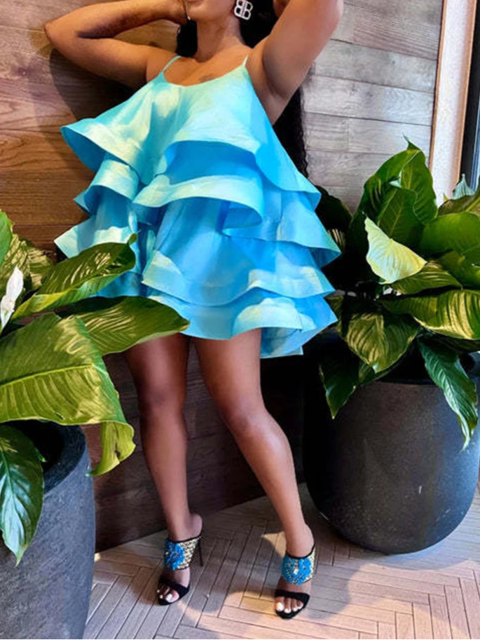 Sexy Short Daring Dresses Summer Spaghetti Strap Mini Dress with Cascade Ruffles