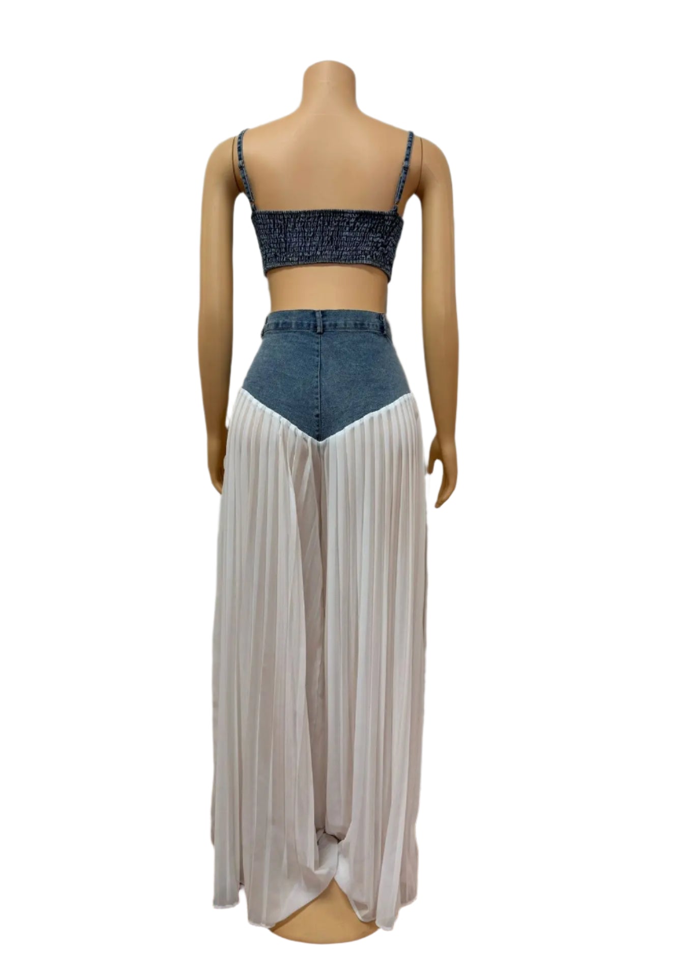 2 Piece Sets Women Sexy Denim Camisole Pleated Wide Leg Pants + Vest Floor Length Suit Summer