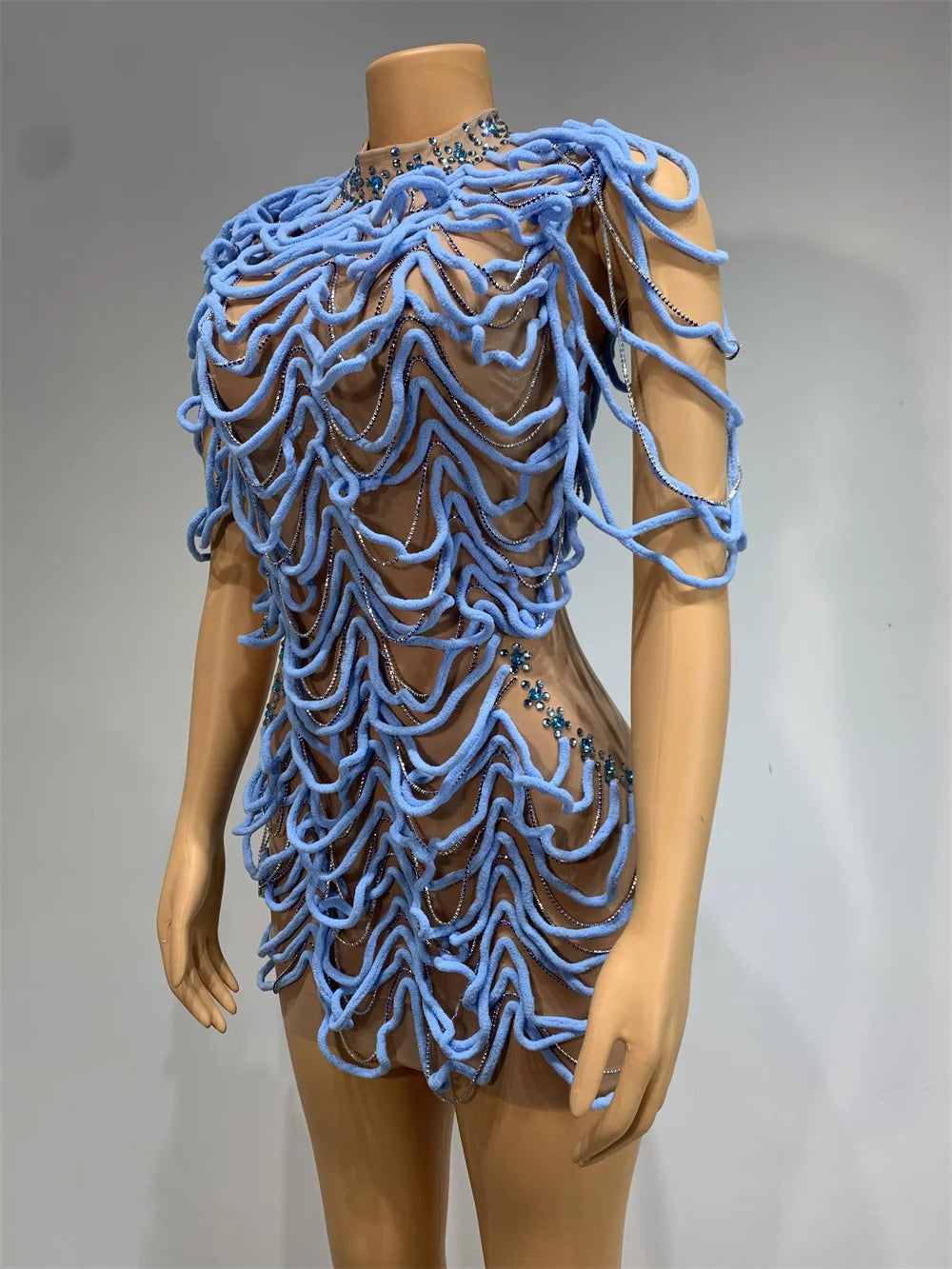 Mesh Rhinestones Chain Mini Dress Nightclub Party Performance Outfit