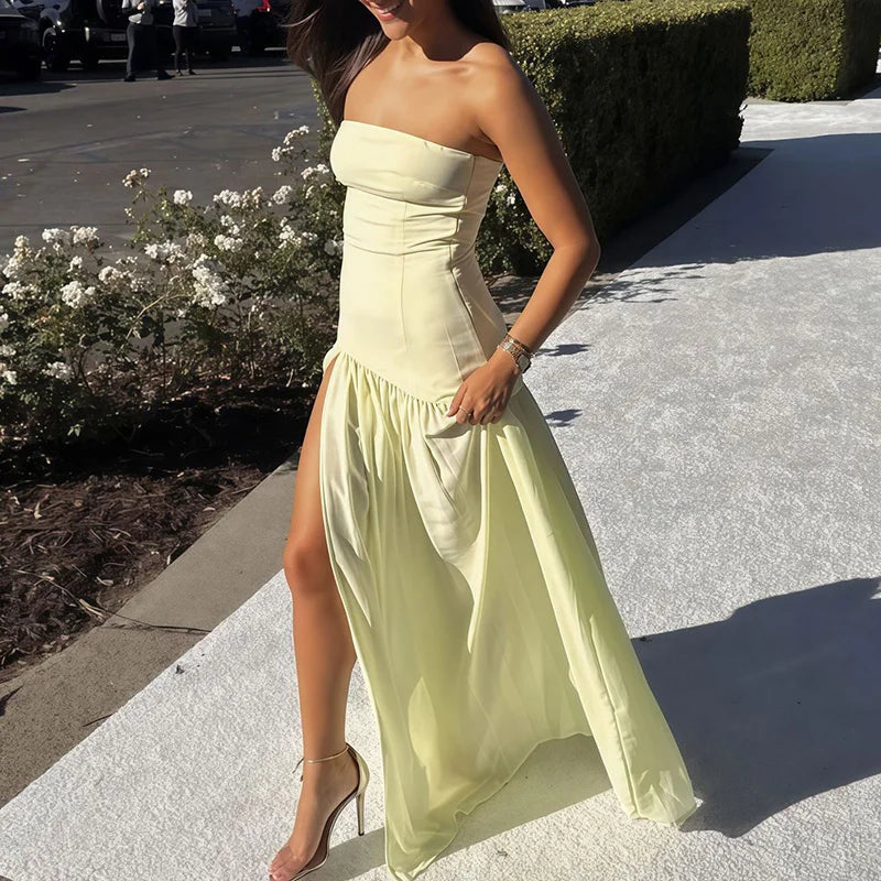 Elegant Strapless Scarf Neck Pleated Dress Woman Sexy Slim Solid Backless Evening Dress