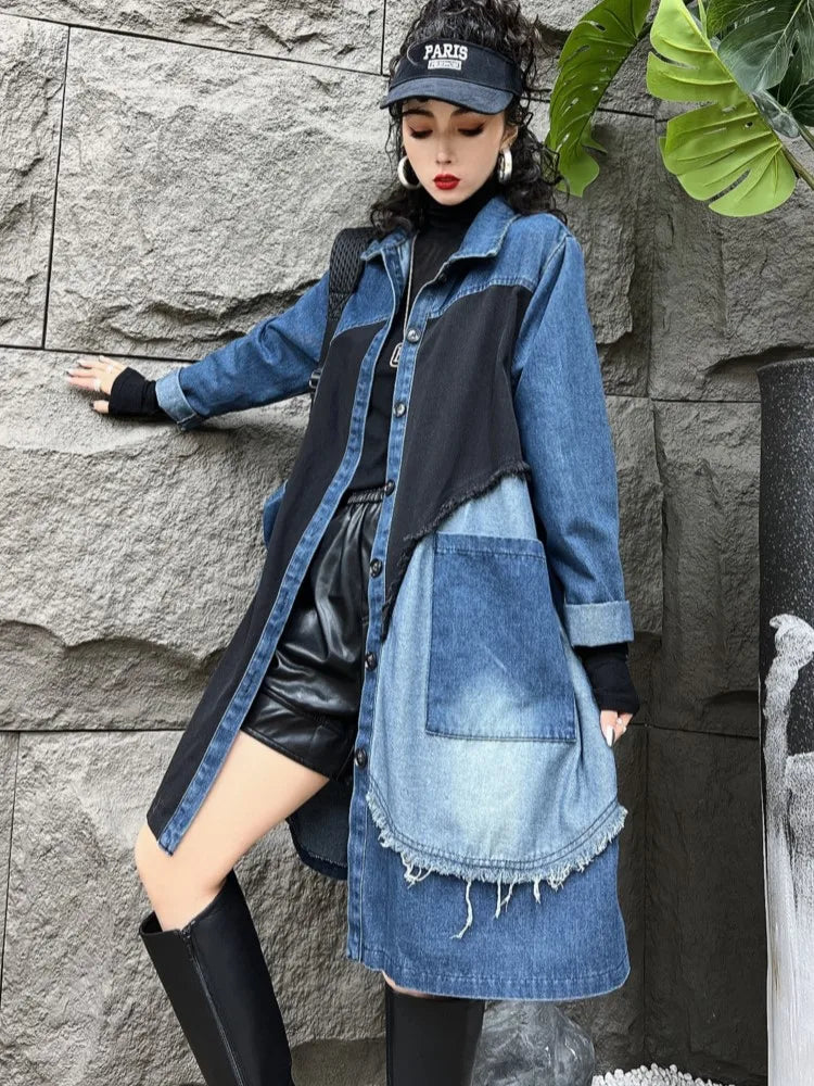 Oversized Denim Autumn Midi Trench Coat for Women