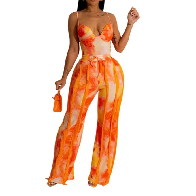 Tie Dye Printing Two Piece Set for Women Pant Sets Birthday Outfits Clubwear Bodysuit Top and Fringe Tassel Pants Matching Sets