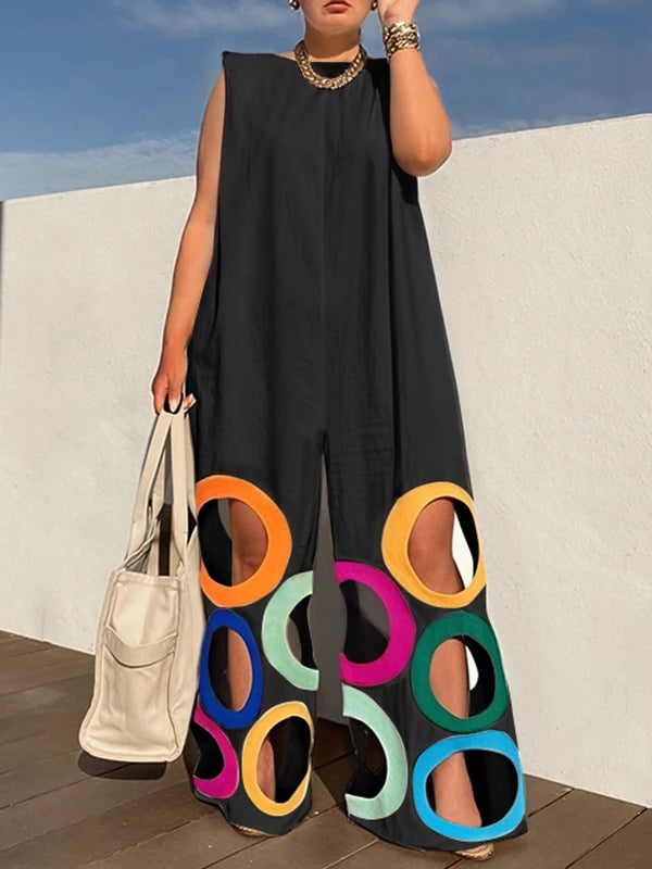 Women Fashion Rainbow Hollow Wide Leg Jumpsuits Urban Office Overalls
