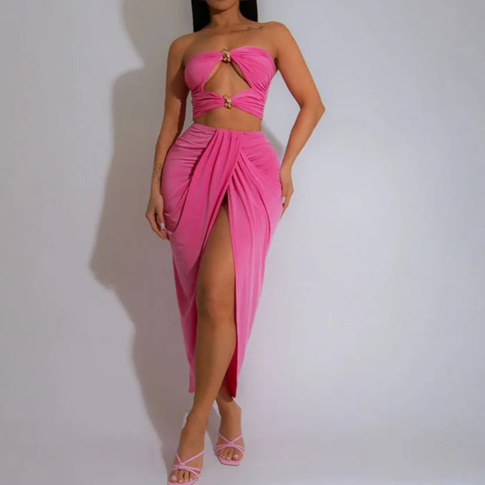Hollow Metal Buckle 2 Piece Set Resort Wear Women Y2K Split Maxi Skirt Matching Clubwear Outfits