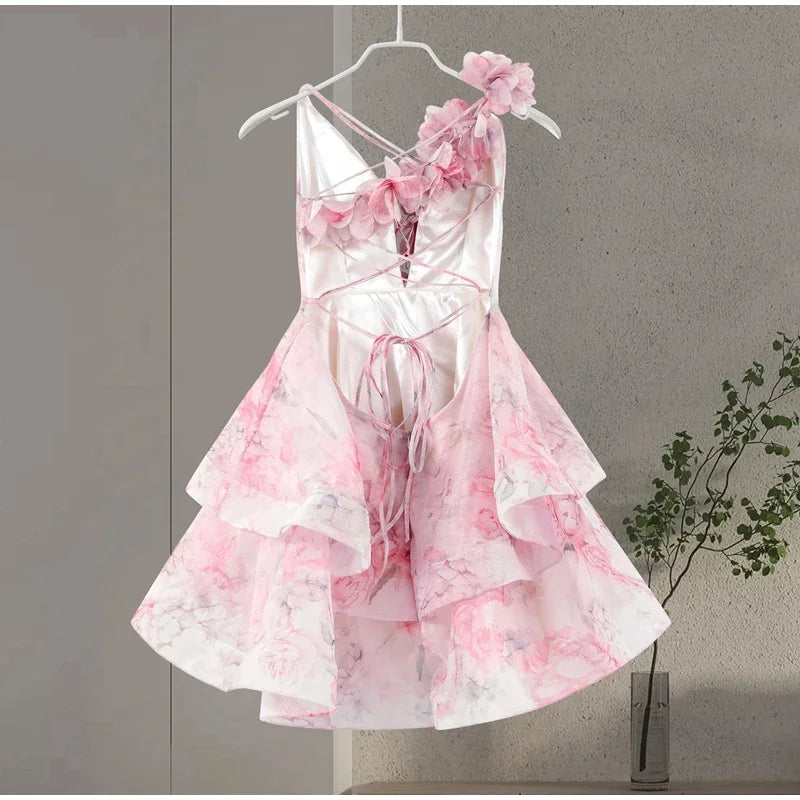 3D Flowers Lace Up Printed Layered Mini Dress Backless Deep V-Neck Mini Dress