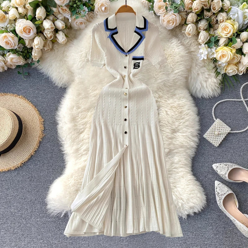 Women Contrast Color Midi Dress Elegant Pockets Short Sleeves Button Down Dress