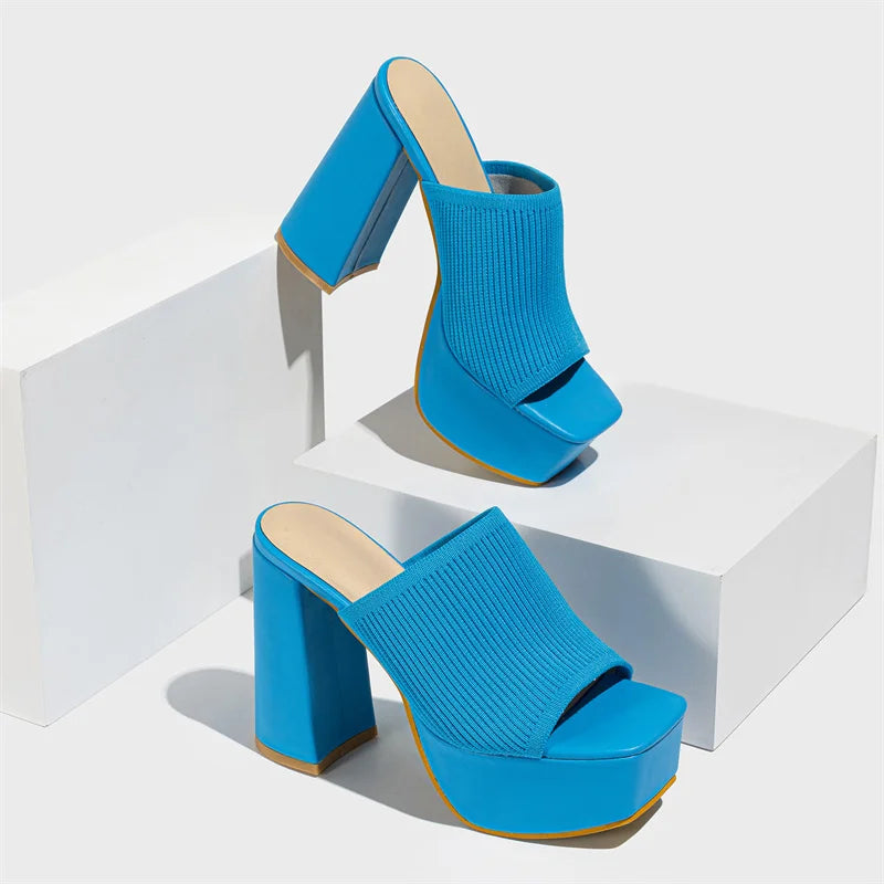 Knitted Platform Slippers Chunky High Heels Women Peep Toe High Heel Slippers
