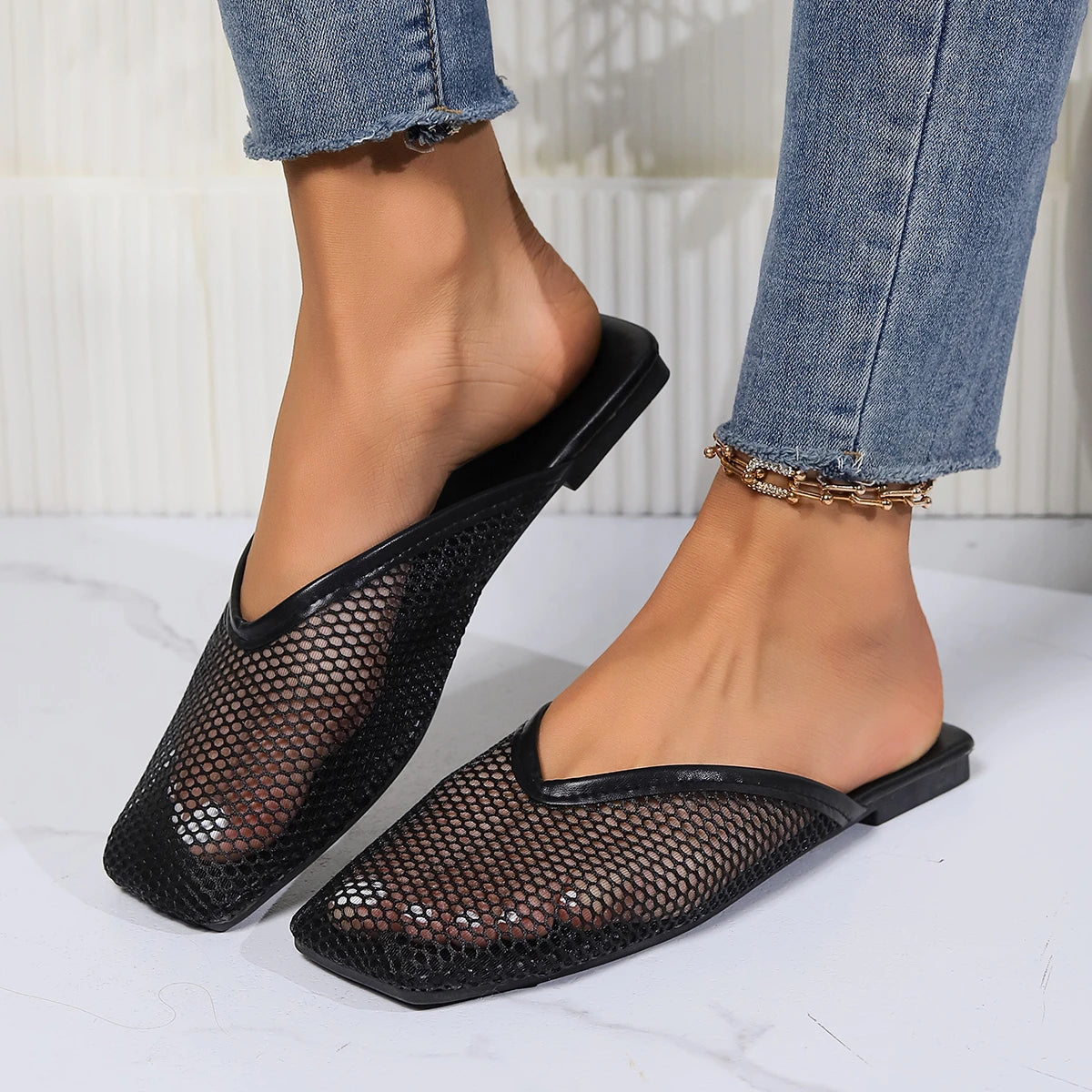 Flats Mules Women Slippers Mesh Sandals New Square Toe Slippers