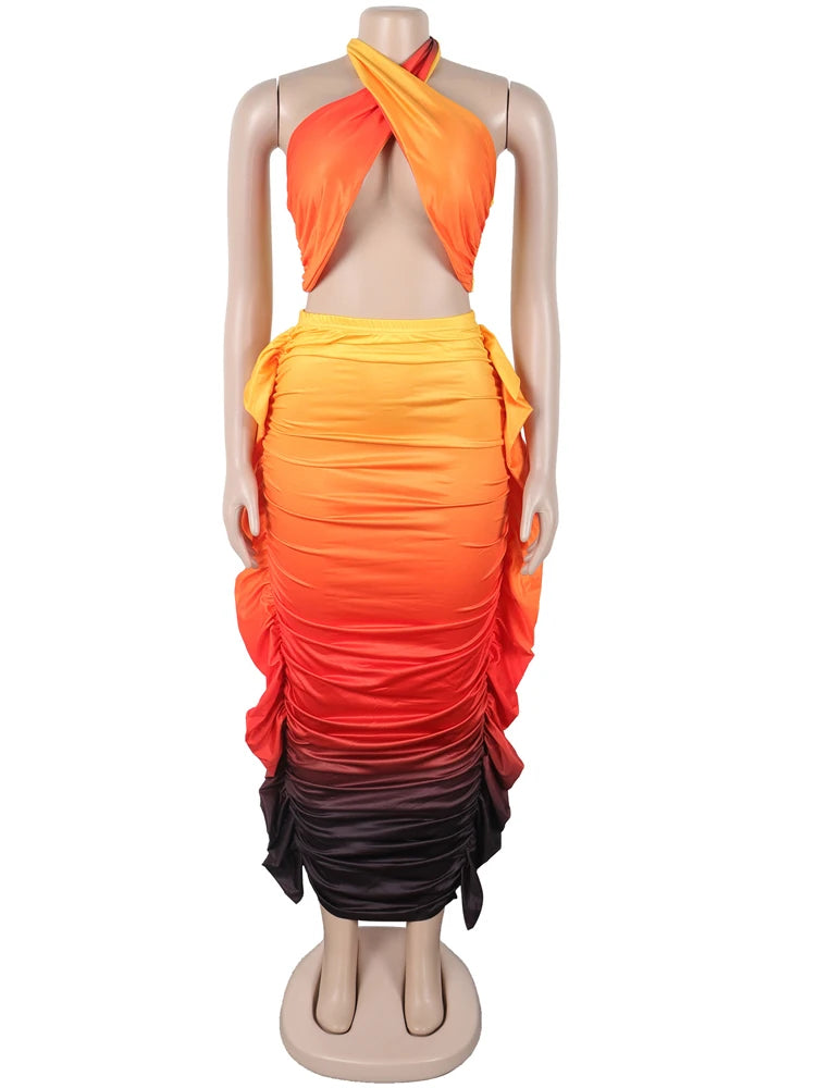 Tropical Goddess Halter Neck Crop Top And Maxi Skirt Set Resort Two-Piece Set