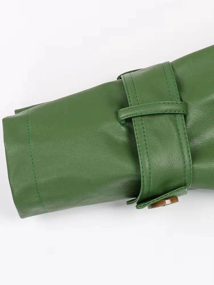 Long Green Pu Leather Trench Coat for Women with Back Slit Sashes Single Breasted